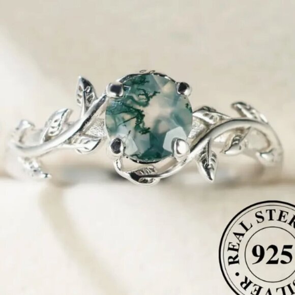 925 Moss Agate Stone and Sterling Silver ring - new in box - Size 9 - Picture 1 of 3